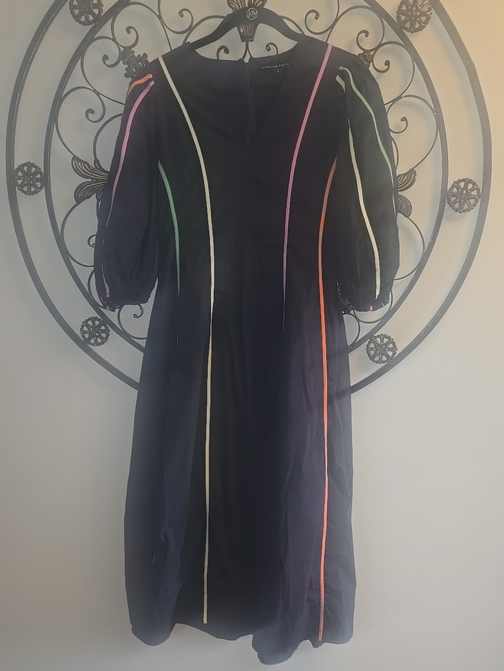 English Factory Black Midi Dress with Pink, Green, Orange & Cream Piping
